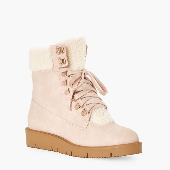 Shoes - Women's Cerelia Lace Up Flat Boot Pink Shearling Lace-Up Boots